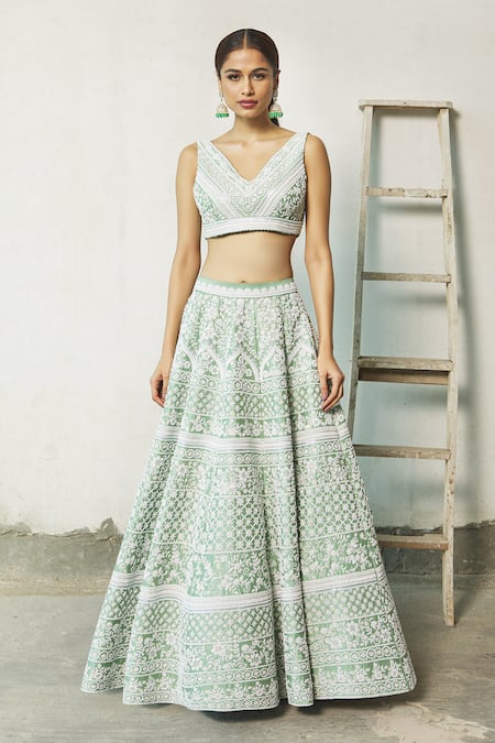 Riantas_Green Embroidered Floral V Neck Bridal Lehenga Set  _Online_at_Aza_Fashions