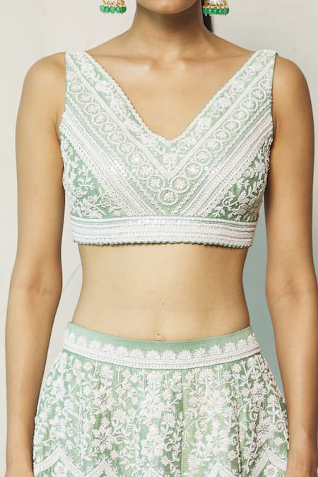 Shop_Riantas_Green Embroidered Floral V Neck Bridal Lehenga Set  _Online_at_Aza_Fashions