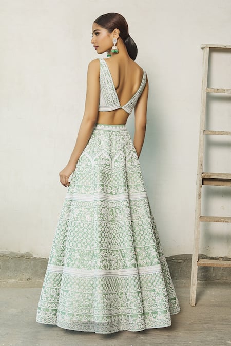 Shop_Riantas_Green Embroidered Floral V Neck Bridal Lehenga Set  _at_Aza_Fashions