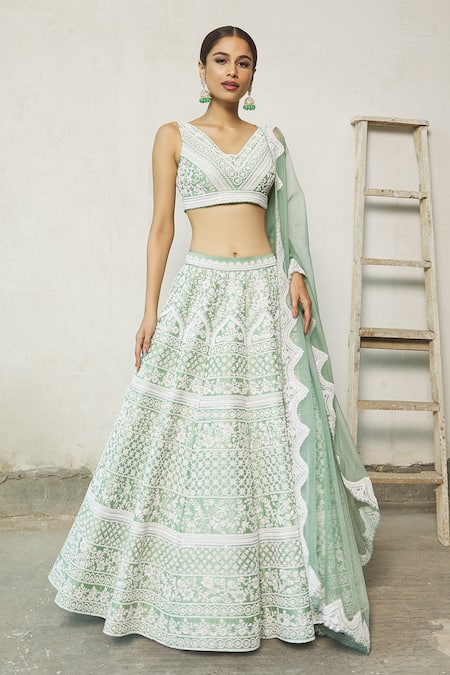 Buy_Riantas_Green Embroidered Floral V Neck Bridal Lehenga Set  _Online_at_Aza_Fashions