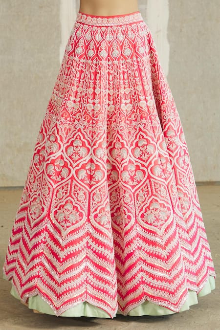 Shop_Riantas_Pink Embroidered Floral V Neck Bridal Lehenga Set  _Online_at_Aza_Fashions