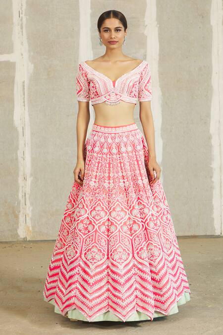 Riantas_Pink Embroidered Floral V Neck Bridal Lehenga Set  _Online_at_Aza_Fashions