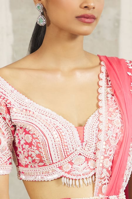 Riantas_Pink Embroidered Floral V Neck Bridal Lehenga Set  _at_Aza_Fashions