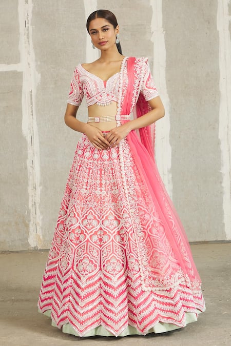 Buy_Riantas_Pink Embroidered Floral V Neck Bridal Lehenga Set  _Online_at_Aza_Fashions