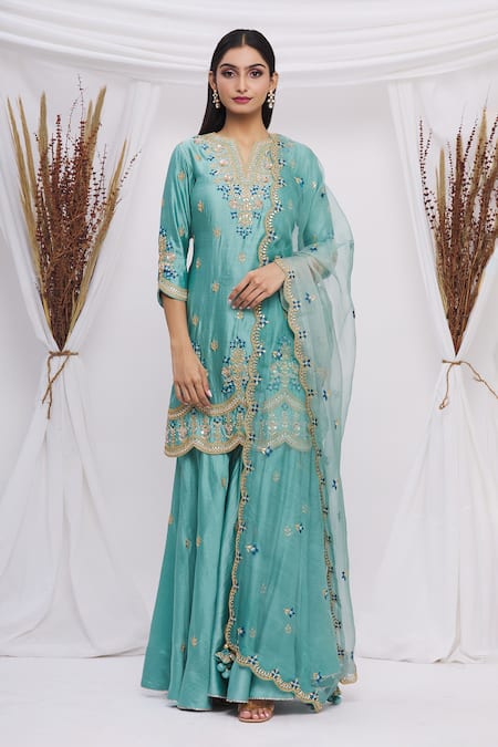 Surbhi Shah Blue Spun Silk Floral Motifs Notched Embroidered Kurta Sharara Set 