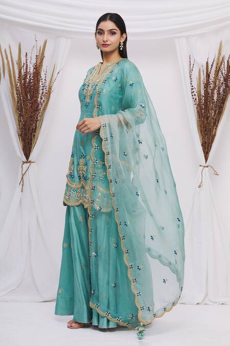 Surbhi Shah_Blue Spun Silk Floral Motifs Notched Embroidered Kurta Sharara Set_Online_at_Aza_Fashions