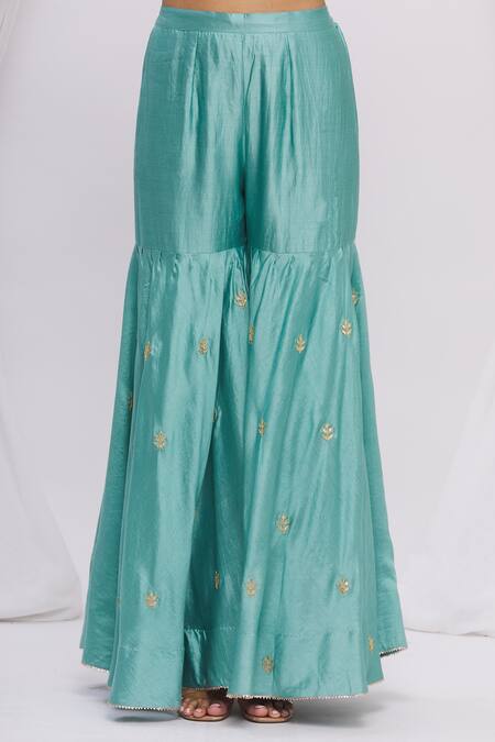 Shop_Surbhi Shah_Blue Spun Silk Floral Motifs Notched Embroidered Kurta Sharara Set_Online_at_Aza_Fashions