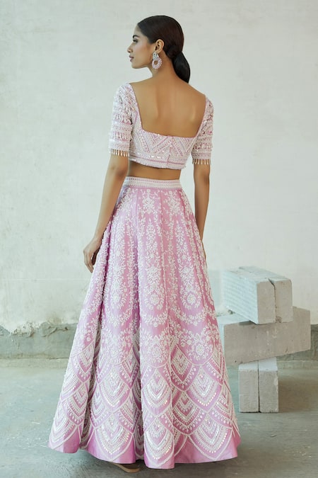 Shop_Riantas_Pink Embroidered Floral V Neck Bridal Lehenga Set  _at_Aza_Fashions
