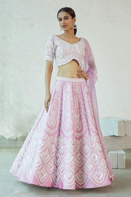 Riantas_Pink Embroidered Floral V Neck Bridal Lehenga Set  _Online_at_Aza_Fashions