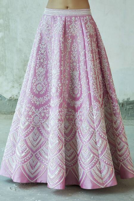 Shop_Riantas_Pink Embroidered Floral V Neck Bridal Lehenga Set  _Online_at_Aza_Fashions