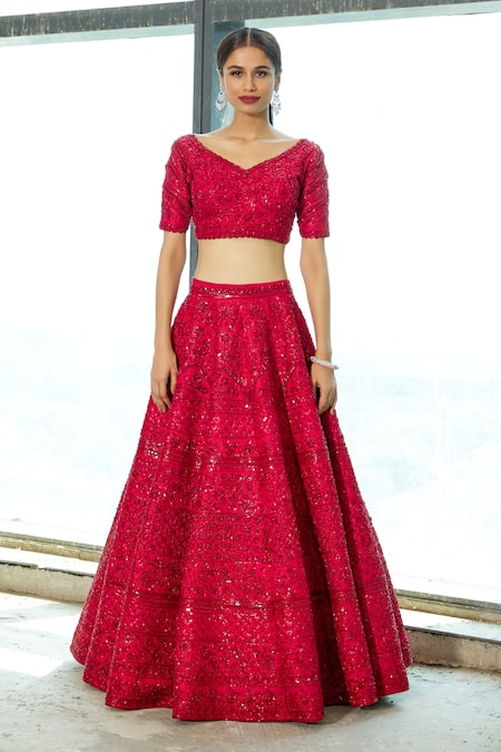 Riantas_Red Floral V Neck Embroidered Bridal Lehenga Set _Online_at_Aza_Fashions
