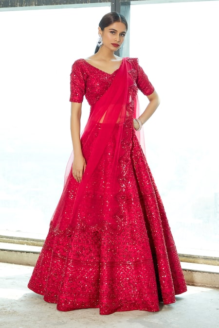Buy_Riantas_Red Floral V Neck Embroidered Bridal Lehenga Set _Online_at_Aza_Fashions