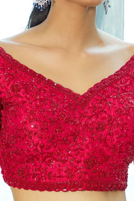 Shop_Riantas_Red Floral V Neck Embroidered Bridal Lehenga Set _Online_at_Aza_Fashions