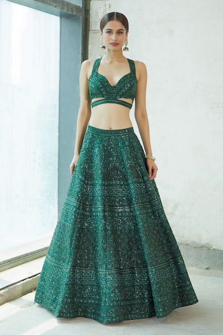 Buy_Riantas_Green Embroidered Floral V Neck Bridal Lehenga Set  _Online_at_Aza_Fashions