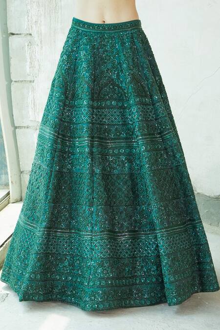 Riantas_Green Embroidered Floral V Neck Bridal Lehenga Set  _at_Aza_Fashions