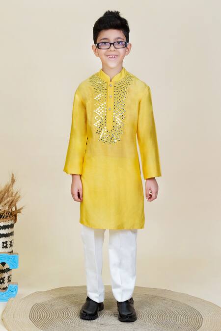 Little Boys Closet_Yellow Cotton, Silk Mirrors Embroidered Kurta And Pyjama _Online_at_Aza_Fashions