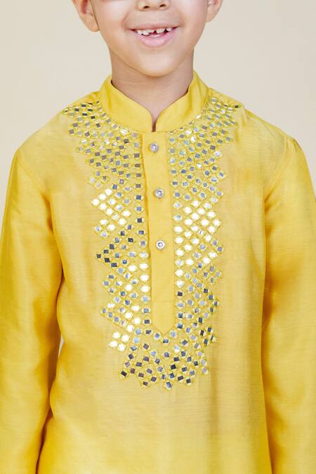 Buy_Little Boys Closet_Yellow Cotton, Silk Mirrors Embroidered Kurta And Pyjama _Online_at_Aza_Fashions