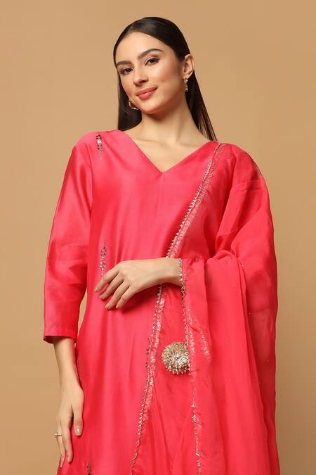 Shop Two Sisters By Gyans Pink Cotton, Chanderi Mirrors, Embroidery V-neck Kurta Set Online at Aza Fashions Shop_Two Sisters By Gyans_Pink Cotton, Chanderi Mirrors, Embroidery V-neck Kurta Set _Online_at_Aza_Fashions