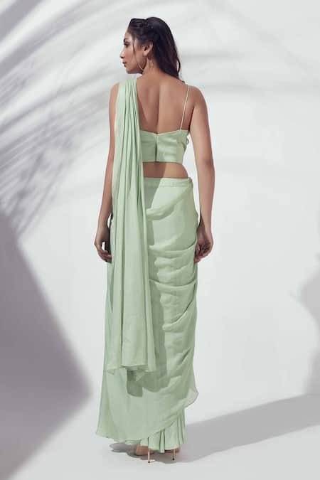 Shop Suruchi Parakh Green Georgette Crepe Lining Shantoon Thread, Bead And Pre-draped Saree Set at Aza Fashions Shop_Suruchi Parakh_Green Georgette Crepe Lining Shantoon Thread, Bead And Pre-draped Saree Set_at_Aza_Fashions