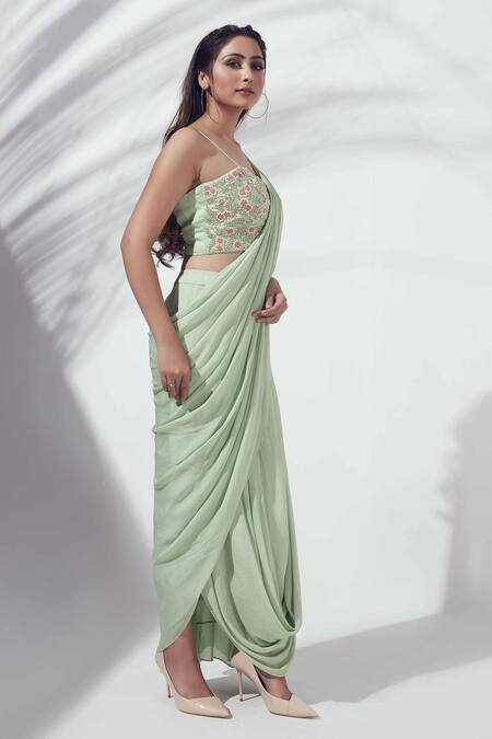 Suruchi Parakh Green Georgette Crepe Lining Shantoon Thread, Bead And Pre-draped Saree Set Online at Aza Fashions Suruchi Parakh_Green Georgette Crepe Lining Shantoon Thread, Bead And Pre-draped Saree Set_Online_at_Aza_Fashions
