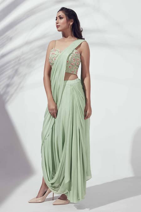 Buy Suruchi Parakh Green Georgette Crepe Lining Shantoon Thread, Bead And Pre-draped Saree Set Online at Aza Fashions Buy_Suruchi Parakh_Green Georgette Crepe Lining Shantoon Thread, Bead And Pre-draped Saree Set_Online_at_Aza_Fashions