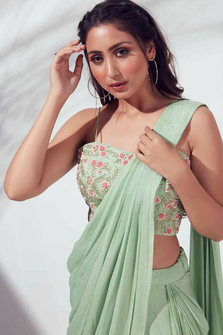 Shop Suruchi Parakh Green Georgette Crepe Lining Shantoon Thread, Bead And Pre-draped Saree Set Online at Aza Fashions Shop_Suruchi Parakh_Green Georgette Crepe Lining Shantoon Thread, Bead And Pre-draped Saree Set_Online_at_Aza_Fashions