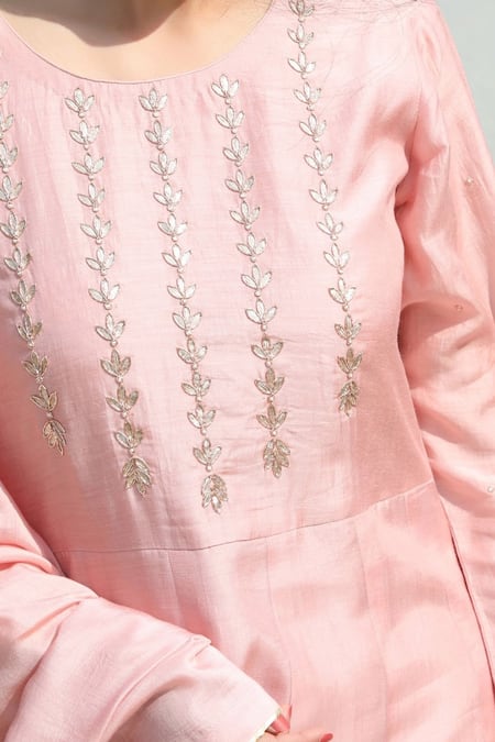 Abbaran_Pink Cotton Silk Round Embroidered Anarkali Set _at_Aza_Fashions