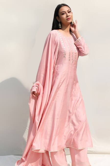 Abbaran_Pink Cotton Silk Round Embroidered Anarkali Set _Online_at_Aza_Fashions