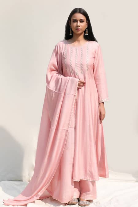 Buy_Abbaran_Pink Cotton Silk Round Embroidered Anarkali Set _Online_at_Aza_Fashions