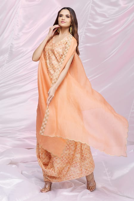 Petticoat Lane By Divya Orange Organza, Chanderi Floral Motifs Cape Open, Kurta Cowl Drape With Online at Aza Fashions Petticoat Lane By Divya_Orange Organza, Chanderi Floral Motifs Cape Open, Kurta Cowl Drape With _Online_at_Aza_Fashions