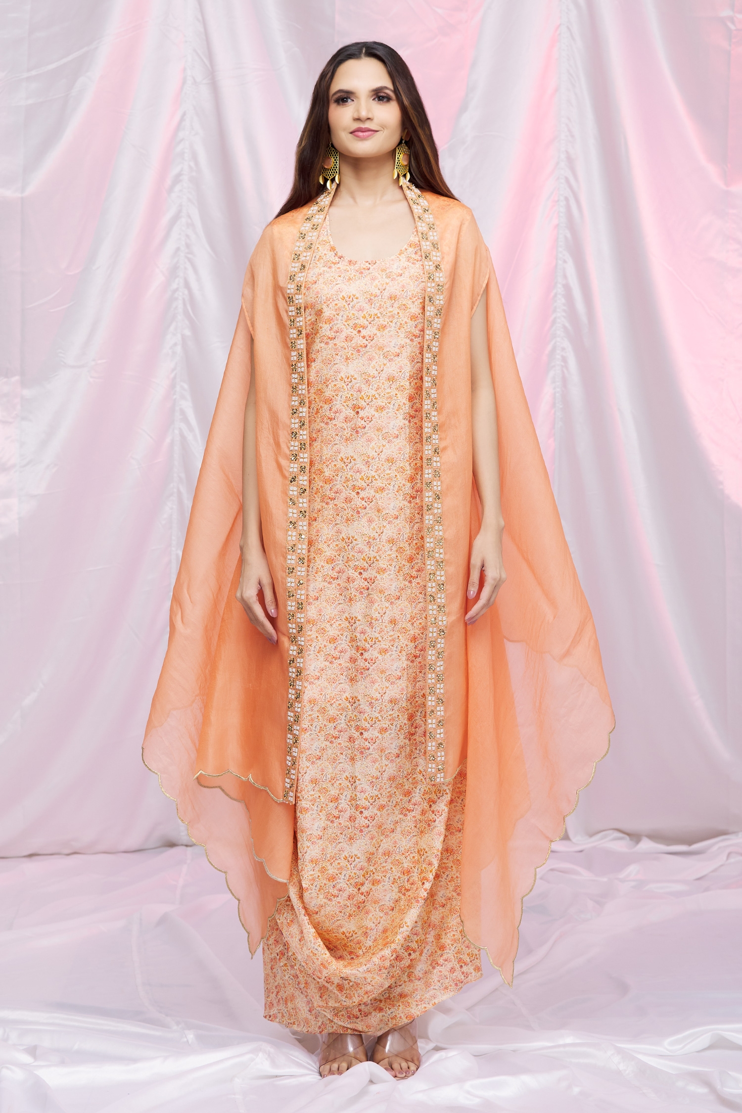 Buy Petticoat Lane By Divya Orange Organza, Chanderi Floral Motifs Cape Open, Kurta Cowl Drape With Online at Aza Fashions Buy_Petticoat Lane By Divya_Orange Organza, Chanderi Floral Motifs Cape Open, Kurta Cowl Drape With _Online_at_Aza_Fashions