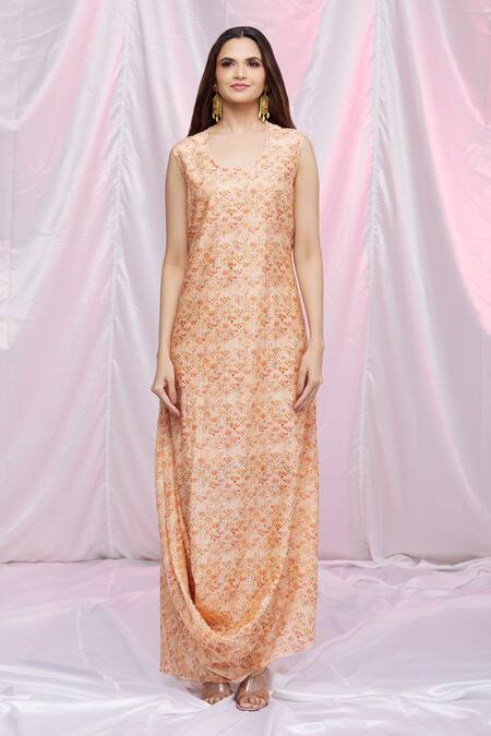 Shop Petticoat Lane By Divya Orange Organza, Chanderi Floral Motifs Cape Open, Kurta Cowl Drape With Online at Aza Fashions Shop_Petticoat Lane By Divya_Orange Organza, Chanderi Floral Motifs Cape Open, Kurta Cowl Drape With _Online_at_Aza_Fashions