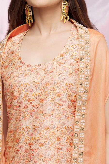 Petticoat Lane By Divya Orange Organza, Chanderi Floral Motifs Cape Open, Kurta Cowl Drape With at Aza Fashions Petticoat Lane By Divya_Orange Organza, Chanderi Floral Motifs Cape Open, Kurta Cowl Drape With _at_Aza_Fashions