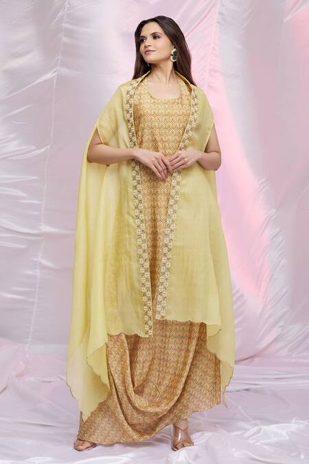 Petticoat Lane By Divya Yellow Organza, Chanderi Floral Motifs Cape Open, Kurta Cowl Drape With Online at Aza Fashions Petticoat Lane By Divya_Yellow Organza, Chanderi Floral Motifs Cape Open, Kurta Cowl Drape With _Online_at_Aza_Fashions