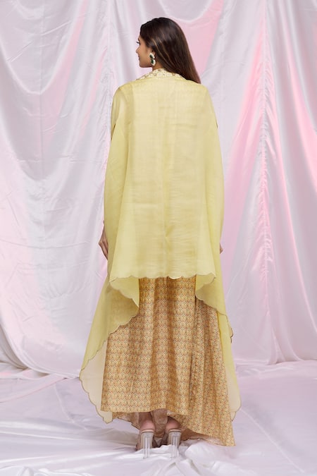 Shop Petticoat Lane By Divya Yellow Organza, Chanderi Floral Motifs Cape Open, Kurta Cowl Drape With at Aza Fashions Shop_Petticoat Lane By Divya_Yellow Organza, Chanderi Floral Motifs Cape Open, Kurta Cowl Drape With _at_Aza_Fashions