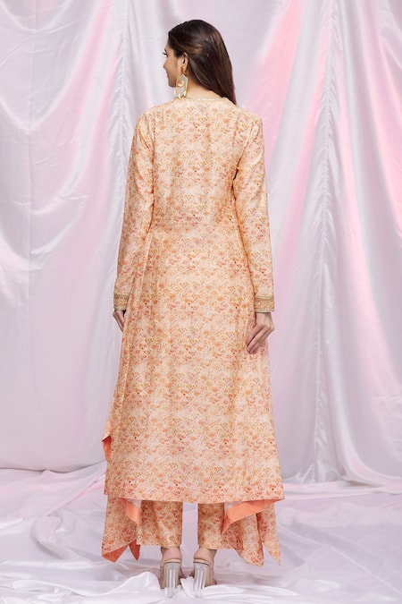 Shop Petticoat Lane By Divya Orange Chanderi Floral Motifs Notched Asymmetric Kurta And Pant Set at Aza Fashions Shop_Petticoat Lane By Divya_Orange Chanderi Floral Motifs Notched Asymmetric Kurta And Pant Set _at_Aza_Fashions