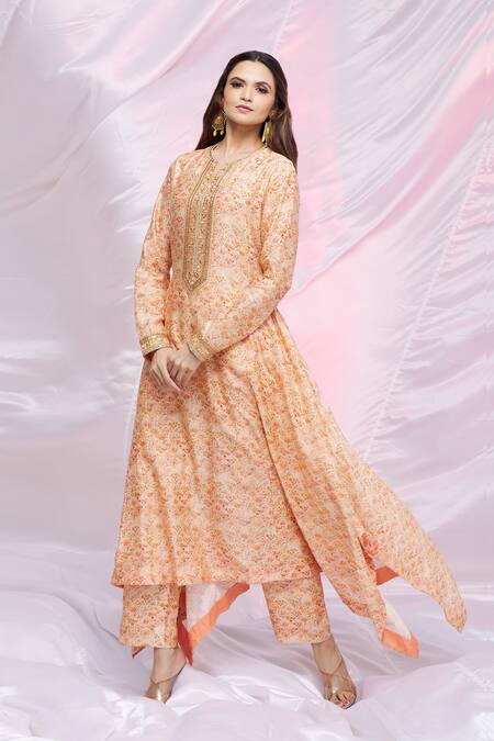 Petticoat Lane By Divya Orange Chanderi Floral Motifs Notched Asymmetric Kurta And Pant Set Online at Aza Fashions Petticoat Lane By Divya_Orange Chanderi Floral Motifs Notched Asymmetric Kurta And Pant Set _Online_at_Aza_Fashions