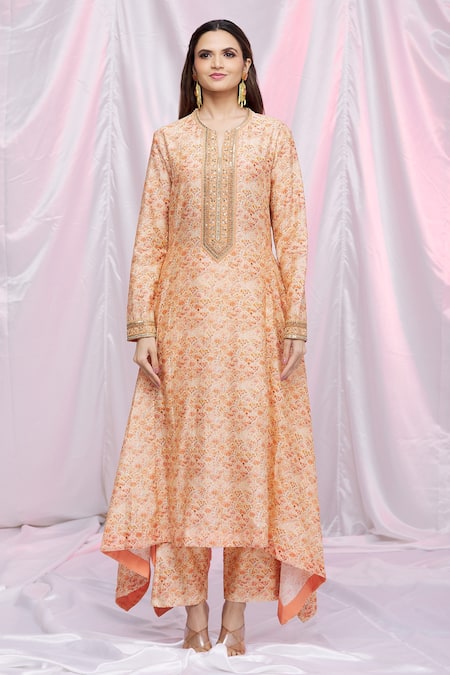 Buy Petticoat Lane By Divya Orange Chanderi Floral Motifs Notched Asymmetric Kurta And Pant Set Online at Aza Fashions Buy_Petticoat Lane By Divya_Orange Chanderi Floral Motifs Notched Asymmetric Kurta And Pant Set _Online_at_Aza_Fashions