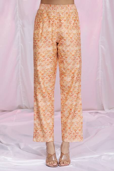 Shop Petticoat Lane By Divya Orange Chanderi Floral Motifs Notched Asymmetric Kurta And Pant Set Online at Aza Fashions Shop_Petticoat Lane By Divya_Orange Chanderi Floral Motifs Notched Asymmetric Kurta And Pant Set _Online_at_Aza_Fashions