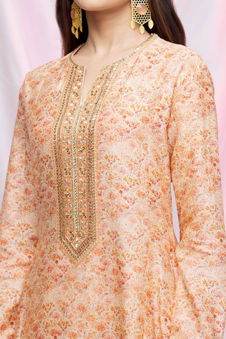 Petticoat Lane By Divya Orange Chanderi Floral Motifs Notched Asymmetric Kurta And Pant Set at Aza Fashions Petticoat Lane By Divya_Orange Chanderi Floral Motifs Notched Asymmetric Kurta And Pant Set _at_Aza_Fashions