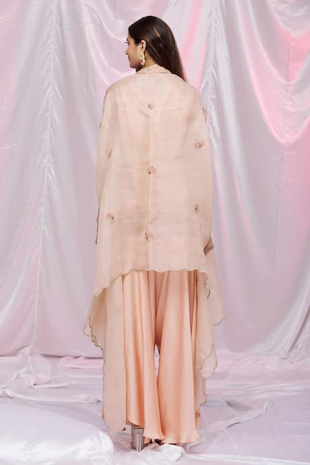 Shop Petticoat Lane By Divya Pink Organza, Chanderi, Satin Floral Motifs Cape Embroidered And Dhoti Pant Set at Aza Fashions Shop_Petticoat Lane By Divya_Pink Organza, Chanderi, Satin Floral Motifs Cape Embroidered And Dhoti Pant Set _at_Aza_Fashions