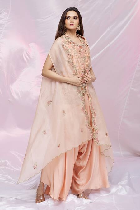Petticoat Lane By Divya Pink Organza, Chanderi, Satin Floral Motifs Cape Embroidered And Dhoti Pant Set Online at Aza Fashions Petticoat Lane By Divya_Pink Organza, Chanderi, Satin Floral Motifs Cape Embroidered And Dhoti Pant Set _Online_at_Aza_Fashions