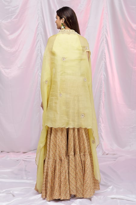 Shop Petticoat Lane By Divya Yellow Organza, Chanderi Floral Motifs Cape Open, Kurta Printed Sharara With at Aza Fashions Shop_Petticoat Lane By Divya_Yellow Organza, Chanderi Floral Motifs Cape Open, Kurta Printed Sharara With _at_Aza_Fashions