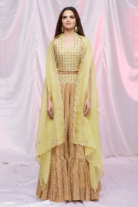 Petticoat Lane By Divya Yellow Organza, Chanderi Floral Motifs Cape Open, Kurta Printed Sharara With Online at Aza Fashions Petticoat Lane By Divya_Yellow Organza, Chanderi Floral Motifs Cape Open, Kurta Printed Sharara With _Online_at_Aza_Fashions