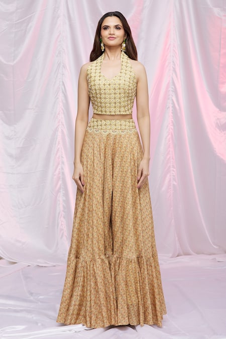 Buy Petticoat Lane By Divya Yellow Organza, Chanderi Floral Motifs Cape Open, Kurta Printed Sharara With Online at Aza Fashions Buy_Petticoat Lane By Divya_Yellow Organza, Chanderi Floral Motifs Cape Open, Kurta Printed Sharara With _Online_at_Aza_Fashions