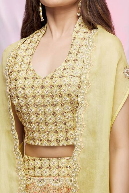 Petticoat Lane By Divya Yellow Organza, Chanderi Floral Motifs Cape Open, Kurta Printed Sharara With at Aza Fashions Petticoat Lane By Divya_Yellow Organza, Chanderi Floral Motifs Cape Open, Kurta Printed Sharara With _at_Aza_Fashions