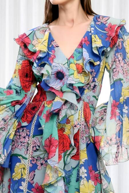 Mandira Wirk Resort_Multi Color Chiffon, Organza Ruffles, Lace V-neck Hibiscus Print Gown _Online_at_Aza_Fashions