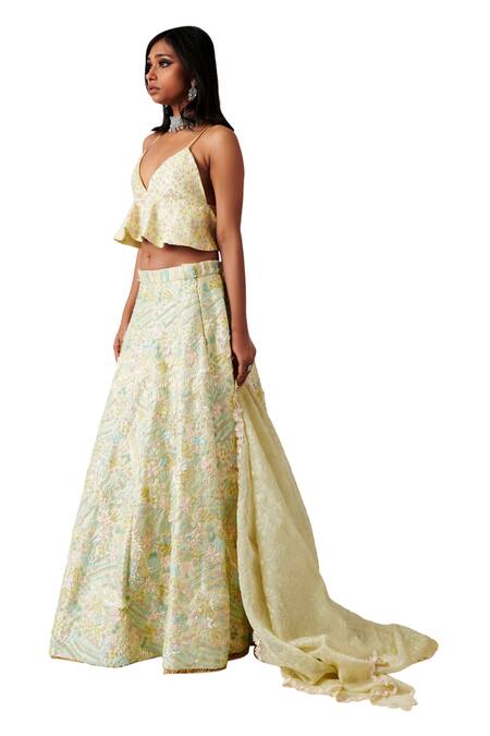Amaare_Green Taffeta Embroidery V Neck Embellished Lehenga Set _Online_at_Aza_Fashions