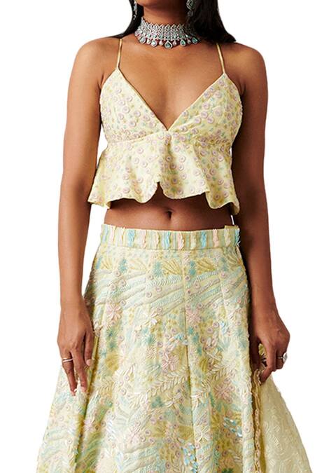 Buy_Amaare_Green Taffeta Embroidery V Neck Embellished Lehenga Set _Online_at_Aza_Fashions