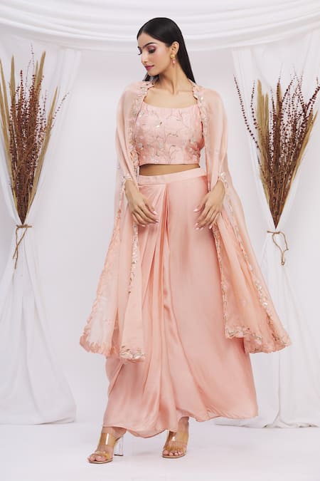 Buy_Surbhi Shah_Peach Organza Floral Motifs Blouse Round, Cape Embroidered With Lehenga Set_Online_at_Aza_Fashions